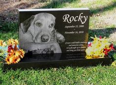 a black and white photo of a dog with flowers on the grass next to it