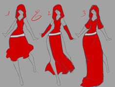 three different views of a woman's red dress