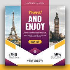 a travel and enjoy flyer template with the eiffel tower in the back ground