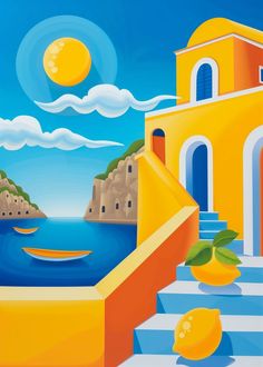 a painting of steps leading up to a yellow building with blue water and sun in the background