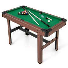 a pool table with two cues and balls on it, ready to be used for billiards