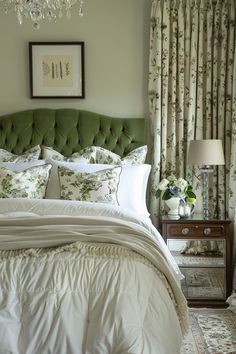 a green headboard in a bedroom with white bedding and floral wallpaper on the walls