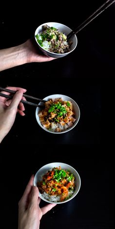 three bowls of food with chopsticks being held by two hands over black background