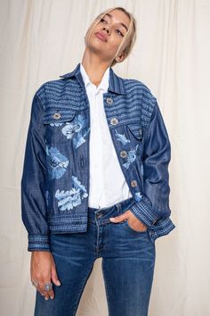 Dare to stand out with this extravagant denim jacket. Made from sustainable Lyocell fabric and hand embroidered by our artisans in Bali. It comes with our acambha custom made buttons. Color: Night sky Details : 100% Lyocell SIZE GUIDE SHIPPING & PAYMENT RETURNS Blue Embroidered Outerwear With Relaxed Fit, Blue Embroidered Relaxed Fit Outerwear, Blue Embroidered Button-up Denim Jacket, Embroidered Blue Button-up Denim Jacket, Lyocell Fabric, How To Make Buttons, Oversized Jacket, Printed Denim, Sewing Inspiration