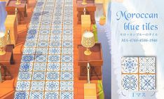 an advertisement for moroccan blue tiles in the middle of a room with tables and lamps