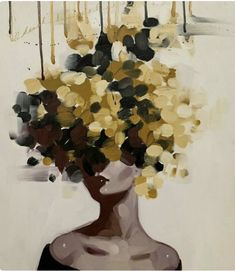 a painting of a woman's head with flowers in her hair and drops of oil on the wall