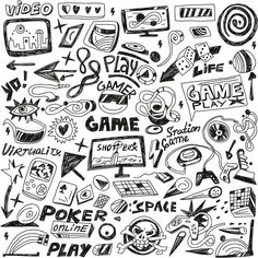 hand drawn doodles on the theme of video games and entertainment, black and white