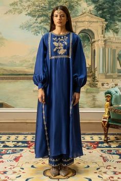 Buy Blue Chiniya Silk Hand Embroidered Anar Motifs Round Kurta And Pant Set For Women by Paulmi and Harsh Online at Aza Fashions. Silk Kurta, Women Kurta, Straight Kurta, Pants Pattern, Puffed Sleeves, Pant Set, Set Women, Set For Women, Aza Fashion