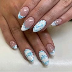 Recruitment Nails Sorority, Dorothy Inspired Nails, Dorothy Nails, Coastal Grandma Nails, Mama Mia Inspired Nails, Bridgerton Blue Nails, Toile Nails, Bridgerton Aesthetic Nails, Blue And White Floral Nails