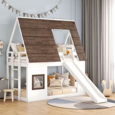 Wood Twin Size House Bunk Bed with Roof, Ladder and Slide House Bunk Bed, Bunk Bed With Slide, Roof Ladder, Brown Roof, Wood Bunk Beds, Bed With Slide, Twin Bunk Beds, House Beds, Toddler Furniture