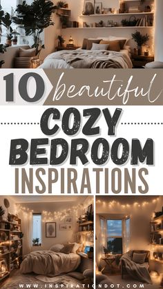 an image of cozy bedroom with lights on the ceiling and bed in the corner, text overlay reads 10 beautiful cozy bedroom inspirations