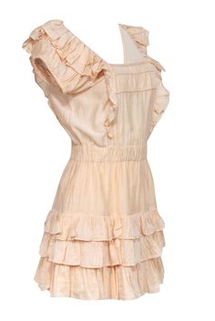 You'll have hearts aflutter with LoveShackFancy's playful take on the traditional milkmaid dress, complete with ruffles and a touch of attitude. Made from a luxurious silk-cotton voile, this delicate mini comes in a beautiful pale peachy orange and boasts puffed sleeves for a romantic flair. Feminine and flirty, this dress is a must-have staple for your wardrobe. Size S 70% Cotton, 30% Silk Pullover Square neck Short puff sleeves Tiered ruffled hem Elastic waistband Elastic cuffs Bust 34.5" Waist 26" Shoulder to hem 32.5" Coquette Mini Dress With Ruffle Hem, Summer Ruffle Dress With Ruffled Hem And Collar, Summer Dresses With Ruffled Collar And Details, Summer Dresses With Ruffles And Ruffled Collar, Daywear Ruffle Sleeve Mini Dress With Ruffles, Daywear Mini Dress With Ruffle Sleeves And Details, Daywear Coquette Ruffle Dress, Coquette Ruffle Dress For Daywear, Spring Coquette Dress With Ruffle Hem