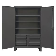 an open metal cabinet with drawers and shelves