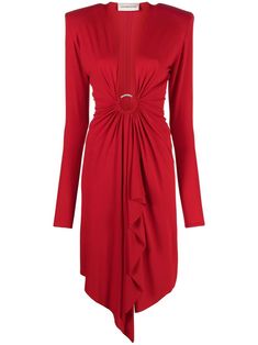 daring red stretch-design draped detailing ring hardware detailing plunging V-neck long sleeves asymmetric hem Red Midi, Alexandre Vauthier, Couture Designers, Red Midi Dress, Draped Dress, Red Mini Dress, Fashion Seasons, Midi Length Dress, Dress Red