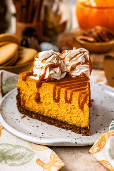 a slice of pumpkin cheesecake on a plate