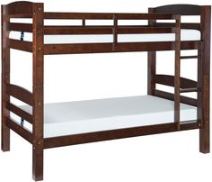 a wooden bunk bed with white mattresses on it's bottom and side rails