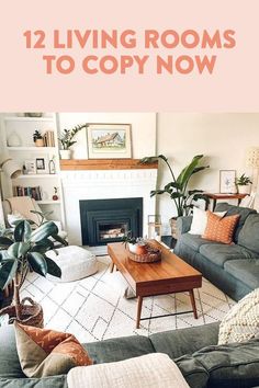 living room with couches, tables and plants on the floor in front of a fireplace