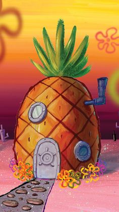 a cartoon pineapple sitting on top of a stove in the middle of a desert