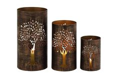 three vases with trees painted on them and one has a candle in the middle