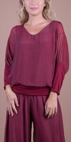 Long sleeve silk blouse features a V neck cut and elastic waistband 100% Silk One Size Made in Italy Scarf Sale, Blouse Pants, Knitted Coat, Linen Bag, Pink Blouse, Handbags On Sale, Sweater Skirt, Silk Blouse, Tunic Dress