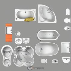 an assortment of bathtubs and accessories displayed on a gray background