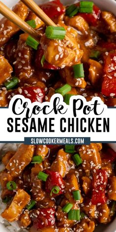 Chopsticks holding a piece of sesame chicken. Crock Pot Sesame Chicken, Sesame Chicken Crockpot, Chicken Sesame, Salad Prep, Sesame Chicken Recipe, Easy Crockpot Dinners, Chinese Cooking Recipes, Chinese Takeout, Easy Chinese Recipes