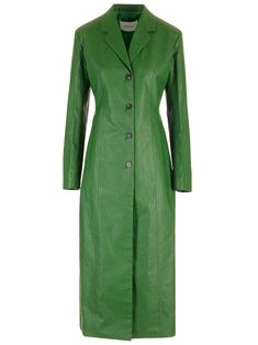 Forset green linen long coat form Ferragamo, with fitted silhouette, lapel collar, single-breasted 3 buttons, armholes with cut-out for a double styling option. Long Coat For Women, Versace Designer, Long Coat Women, Coat For Women, Ferragamo Shoes, Green Coat, Fitted Silhouette, Shirt Skirt, Shirt Accessories