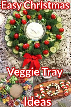 christmas veggie tray ideas with the title overlaying it in red and white