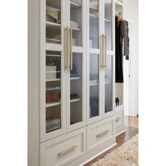 a large white closet with glass doors and drawers