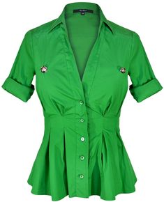 Womens green button down cotton blouse with two decorative badges on chest. Green Button, Cotton Blouse, Green Blouse, Cotton Blouses