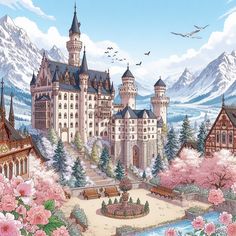 a painting of a castle surrounded by flowers and trees with mountains in the back ground