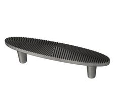 a black and silver bench with an arrow design on the back side, sitting in front of a white background