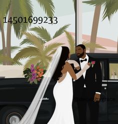 a bride and groom standing in front of a black car with palm trees behind them