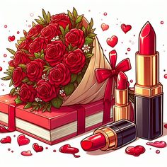 a bunch of red roses sitting on top of a pile of books next to lipstick