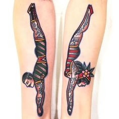 two people with tattoos on their legs are standing in the same position, one is upside down