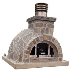 an outdoor stone pizza oven with the door open