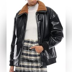 Bomber Jackets Are A Top Trend For 2024 Maje Blouson Black Faux Leather Jacket With Two Front Flap Pockets, Zip Front, And Elasticated Waist And Cuffs. Brown Faux Fur-Trimmed Shearling Collar. Relaxed Fit. Drop Shoulders. Lined Reposhed Because It Does Not Fit Me....Losing Money On What I Spent, No Profit Only Loss So Not Negotiating Much On Price Size: 2 | Medium Chest: 44" Length: 26" Sleeve Length: 23" Colors: Black And Brown Material: 100% Polyester Lining: 80% Polyester, 20% Cotton Conditio Black Fur Coat With Pockets For Fall, Winter Workwear Leather Jacket With Faux Fur Lining, Black Fur Coat With Padded Collar For Fall, Trendy Leather Jacket With Faux Fur Lining For Work, Black Biker Jacket With Faux Fur Lining For Work, Brown Leather Jacket With Faux Fur Lining For Work, Black Faux Leather Jacket, Faux Leather Jacket, Bomber Jackets