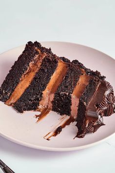 a piece of chocolate cake on a white plate