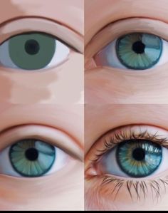 three different pictures of blue eyes with green centers