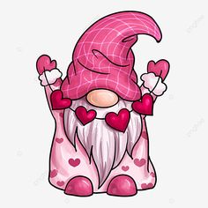 a pink and white gnome with hearts on his chest