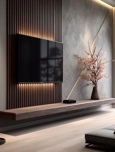 a living room with a large television on the wall next to a couch and coffee table