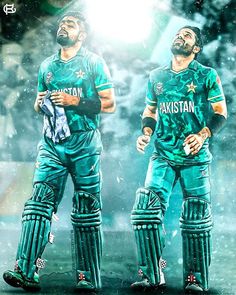 two pakistan cricket players standing next to each other