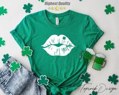 "Green Lips Shirt, Kiss Me I'm Irish Tshirt Tee Shirt,Cute St Patricks Day Shirt for Women,Patrick's Day Family Matching Shirt,Drinking Shirt 📢 🚨How To Order?🚨📢 📺 Please, check and review all photos 📐 Select Shirt Size and Color from Drop Down menu After choosing the color and size, you can write whatever you want in the personalization field. (If it's a customizable ad) and then add this tshirt to cart. Just do this for other t-shirts. You must collect all tshirts in the same basket and c Funny Green Tops As A Gift, Green Tops With Screen Print For Gift, Green Screen Print Top As A Gift, Green Screen Print Top As Gift, Funny St Patricks Day, Green Lips, Lips Shirt, Irish Tshirts, St Patricks Day Shirt