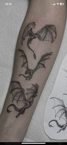 a black and white photo of a dragon tattoo on the leg