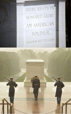 The Tomb of the Unknown Soldier serves as a symbolic grave for all war dead whose remains have not been found or identified. The Tomb began with one unknown service member from World War I, & today is the grave of three unidentified service members. Its meaning has evolved to represent the memory of all military members throughout American history. Tomb Sentinels from the Army’s 3rd Infantry Regiment’s “The Old Guard” have guarded the Tomb for 24 hours a day, 365 days a year regardless of the weather, since 1948. Honor, respect, & commitment are why this place continues to be guarded 24 hours a day, as per tradition, even during hurricanes & blizzards. The Tomb Guards have contingencies if the weather conditions ever place the soldiers at risk of injury or death. Tomb Of The Unknown Soldier, Military Cemetery, The Old Guard, Cemetery Headstones, Old Guard, School Prep, Arlington National Cemetery