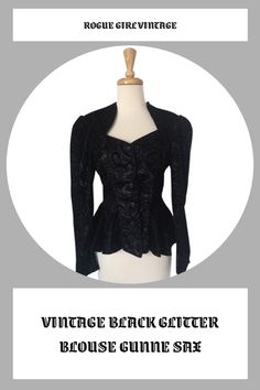 Vintage 1980s Gunne Sax blouse with glitter accents. Nipped in waist silhouette. Button up with style with beautiful neckline. Check out this Gunne Sax blouse and additional curated vintage at: roguegirlvintage.com #gunnesax #gunnesaxstyle #victorianstyle #victoriantop #70sfashion #80sfashion #glittertop #gunnesaxtop #gothfashion #gothstyle #fashion #style Fitted Long Sleeve Peplum Top For Party, Elegant Fitted Long Sleeve Peplum Top, Fitted Tops For Fall Costume Party, Chic Fitted Tops For Costume Party, Fitted Peplum Top For Night Out, Black Fitted Peplum Top For Party, Fitted Black Peplum Top For Party, Fitted Ruffled Peplum Top For Night Out, Fitted Peplum Blouse For Formal Occasions