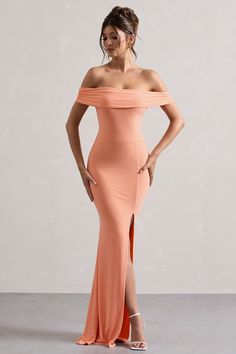 Coral Maxi Dresses, Bardot Neckline, Sleek Bun, Leg Split, Black Dress Prom, Black Tie Gala, Party Dress Long Sleeve, Split Maxi Dress, Bridesmaid Outfit