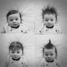 four pictures of a baby with different hair styles and facial expressions, all looking at the camera