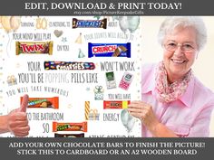 an elderly woman holding up a candy bar and pointing to it with the caption, you'll add your own chocolate bars to finish the picture