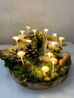 an arrangement of mushrooms and moss with lit candles